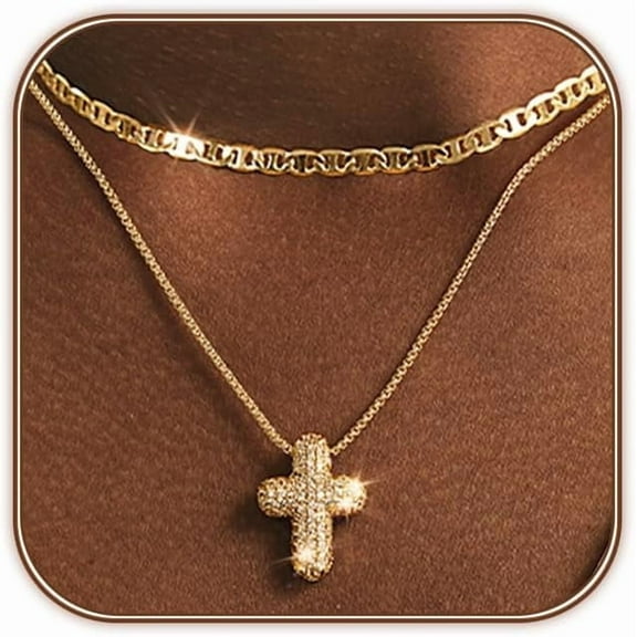 Ladies 14k Gold Plated Bubble Cross Necklace Stackable Delicate Gold Necklace Cross Pendant Necklace Set Simple Jewellery Gift