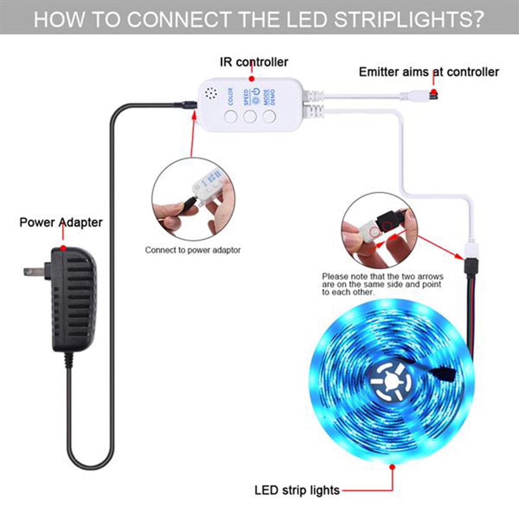 LED Strip Lights, 16.4ft RGB 5050 LED Strips with Remote Controller, Color Changing Tape Light with 12V Power Supply for Room, Bedroom, TV, Kitchen, Desk