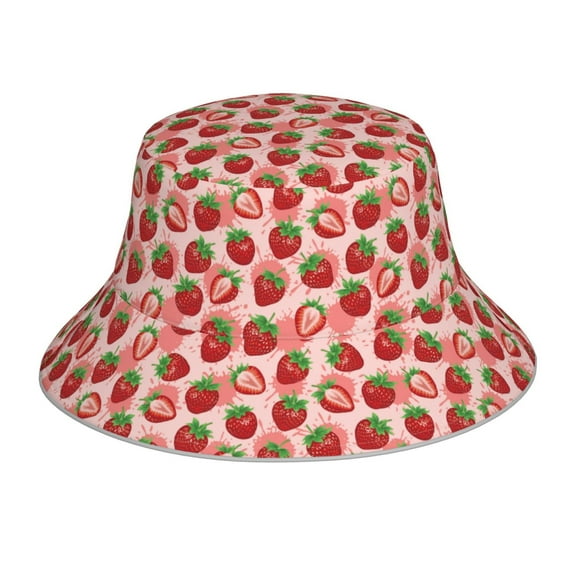Kll Cute Strawberry Bucket Hat for Women Men Packable Travel Beach Sun Hat Outdoor Rave Accessories Reflective Fisherman Cap