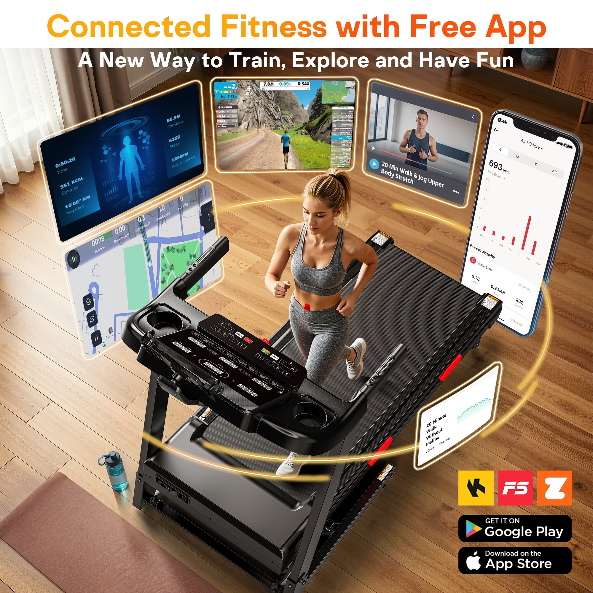 3.8HP Treadmill for Home, Foldable Treadmill with 0-15% Auto Incline, Portable Treadmill Compact Foldable Walking Pad Treadmills with 7.5 MPH Speed, 300-330lbs Capacity