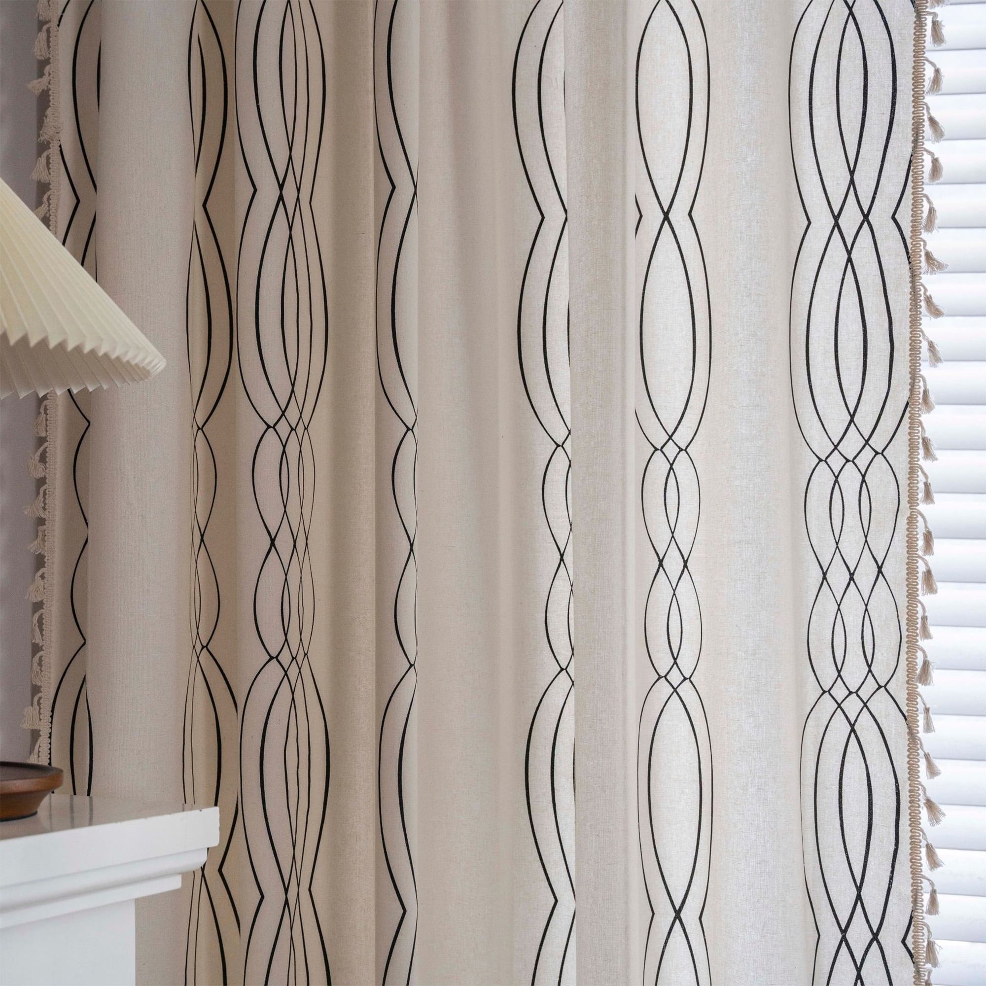 Turkio Cotton Linen Curtains with Geometric Black Stripes and Tassel Design,84 Inches Long,1 Panel