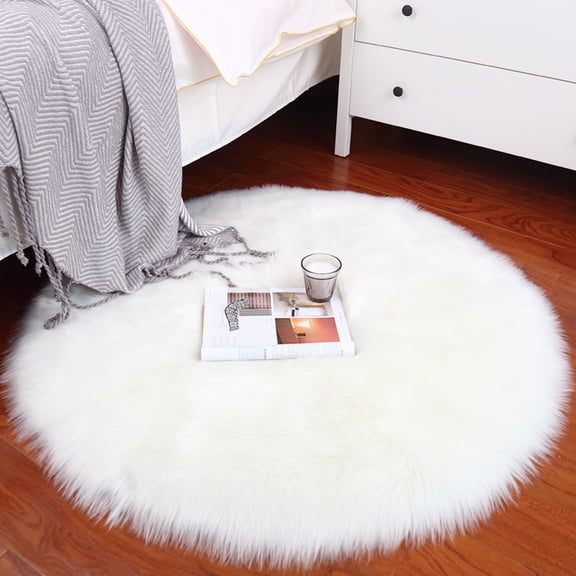 Soft Round Fur Rug 2.6x2.6ft White Shaggy Fluffy Rugs Plush Circle Floor Mat for Bedroom Living Room Nursery Modern Decor