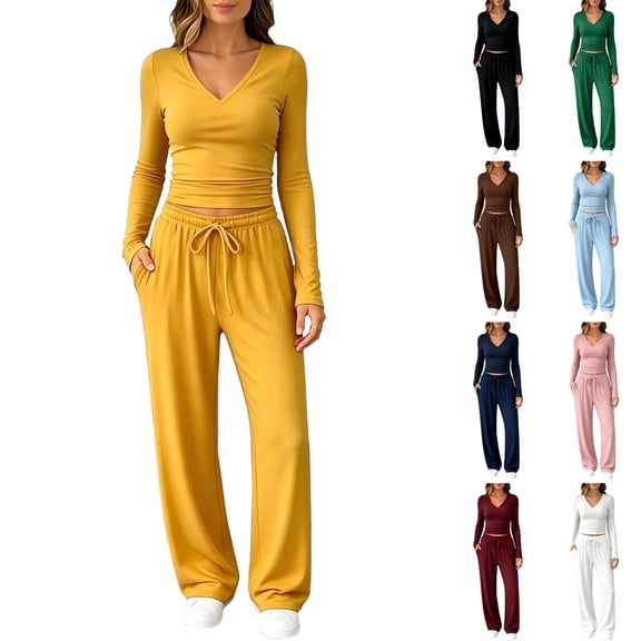WULMLEO Boho Lounge Sets for Women 2 Piece Fall V Neck Long Sleeve Tops and Wide Leg Palazzo Pants Sweatsuits Casual Vacation Suits Cute Outfits with Pockets Yellow S