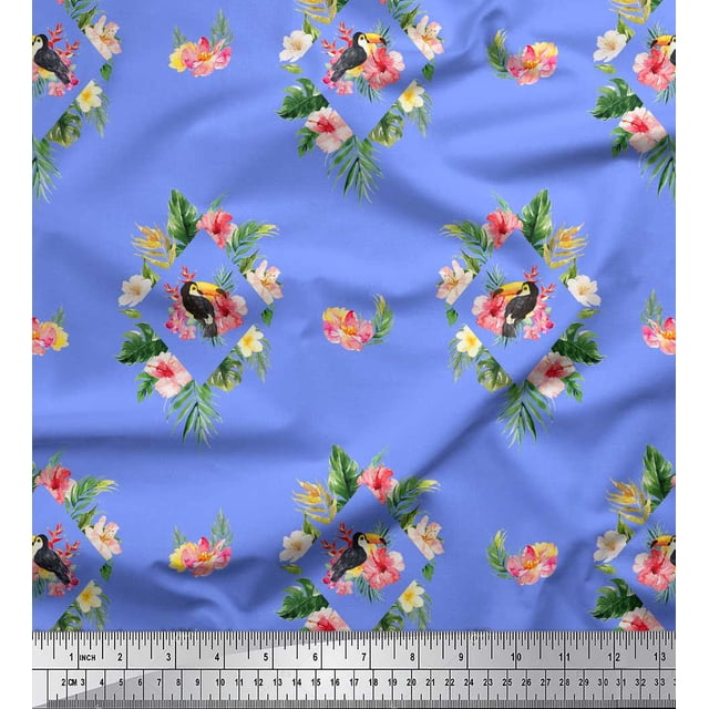 Soimoi Blue polyester Crepe Fabric Bird & Floral Print Print Fabric By the Yard 52 Inch Wide