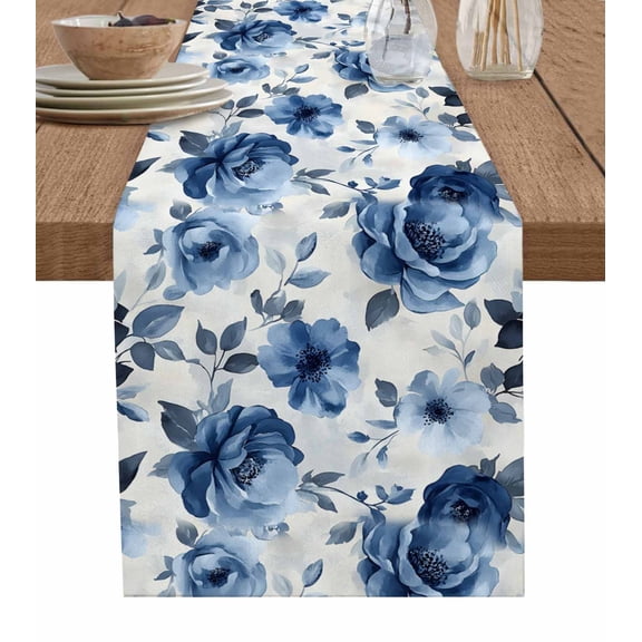 Blue Floral Burlap Cotton Table Runner 18x72 Inches Long, Watercolor Country Flower Pastoral Rose Farmhouse Table Runners, Outdoor Dining Tablecloths Decor for Baby Shower/Party/Wedding
