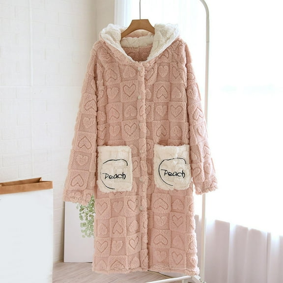 Soft Robes for Women Fleece Warm Cozy Button down Hooded Bathrobe Winter Thick Housecoat with Pockets New Robes for Women Soft Pinky L