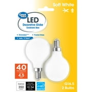 Great Value LED Light Bulb, 4.5 Watts (40W Equivalent) G16 Globe E12 Candelabra Base, Non-Dimmable, Soft White, 2-Pack
