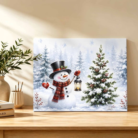 Christmas Snowman Canvas Wall Art, Winter Forest Xmas Tree Berry Snowflake Berry Wall Art Prints Artwork Framed Canvas Ready to Hang Art Pictures for Study Living Dining Room Bedroom 20" x 16"
