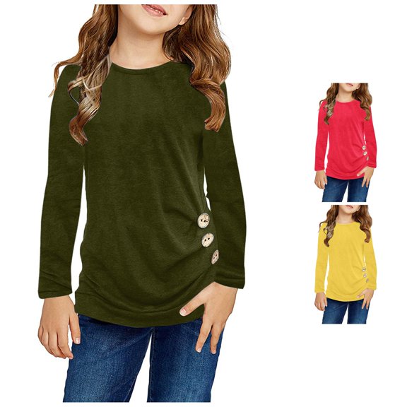 Big Girls' Long Sleeve Crew Neck Tee T-Shirt Solid Color Button Casual Tunic Tops Loose Blouse T-Shirt Tee Size 12-13T ,Green