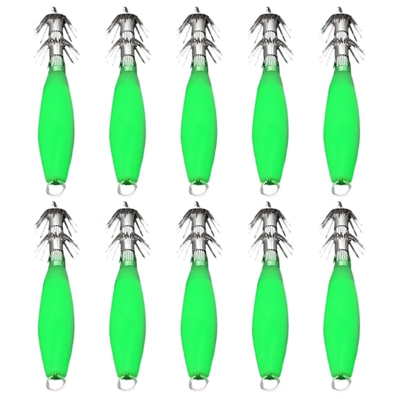 10 Pcs Squid Jigs Saltwater Set, 4 in Glow in The Dark Lures, Sharp Barbed Octopus Jig, Green Luminous Squid Lure for Cuttlefish Fishing, Sea Fishing Baits