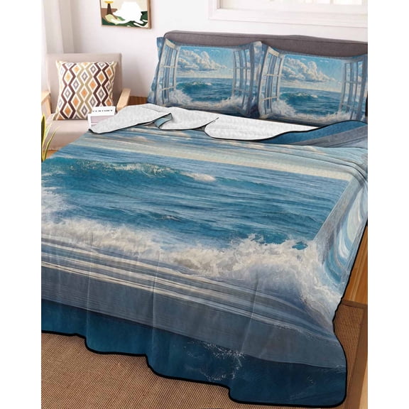 Coastal Queen Size Down Alternative Comforter, Lightweight Comforter Quilt Bedding Set with Pillow Shams Window Nautical Beach Blue Seaside All Seasons Bed Comforter Duvet Insert 90"x96"