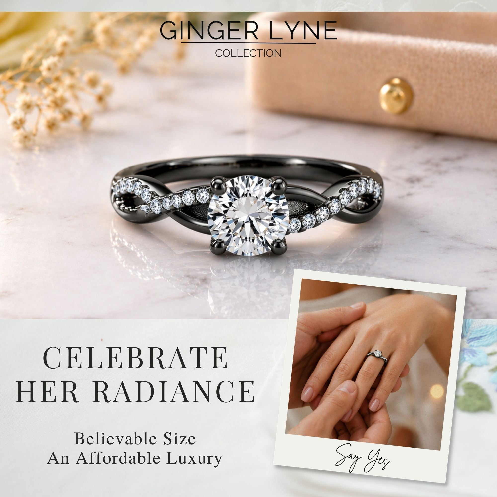 Queena Solitiare Black Engagement Ring for Women Sterling Silver CZ Ginger Lyne Collection