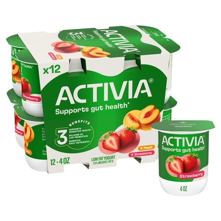 Activia Peach and Strawberry Low Fat Probiotic Yogurt Cups Variety Pack, Helps Support Gut Health, 4 oz, 12 Count