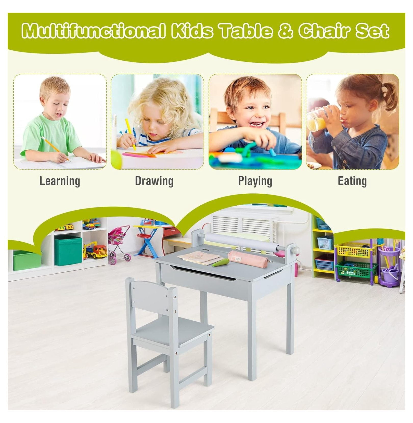 Kids Table and Chair Set, Wooden Lift-Top Desk & Chair with Storage, Paper Roll Holder & Pen Slot, Activity Table Set for Art, Children Furniture Set for Daycare, Playroom (Gray)