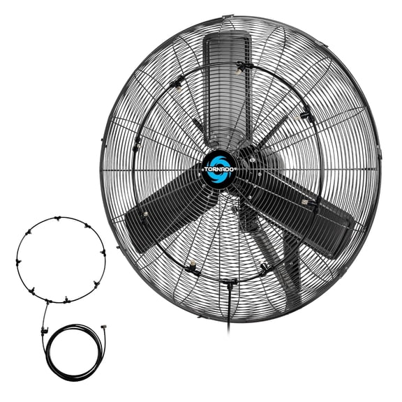 Tornado 30 Inch High Velocity Outdoor Oscillating Wall Mount Fan with Pre-Installed Misting Kit – IPX4 Rated, TEAO Motor, 2-Speed 8850 CFM, cETL Listed for Industrial Use,8 Brass Nozzles Misting