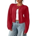 thumbnail image 5 of Cropped Cardigan Sweater Womens Lightweight Soft Knit Long Sleeve Crew Neck Button Down Dressy Cute Versatile Spring Fall Business Casual Work Travel Red L, 5 of 6