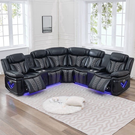 Power Reclining L-Shaped Sectional Sofa with LED Lights, Speakers, Cup Holders, Black Faux Leather