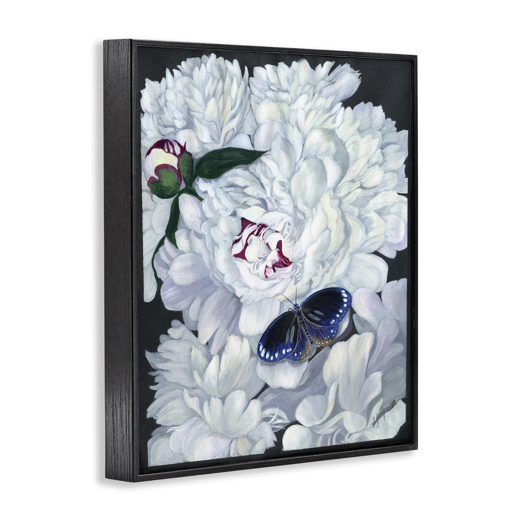 Stupell Industries Vintage Peony & Butterfly Animals & Insects Painting Black Framed Art Print Wall Art, 24 x 30