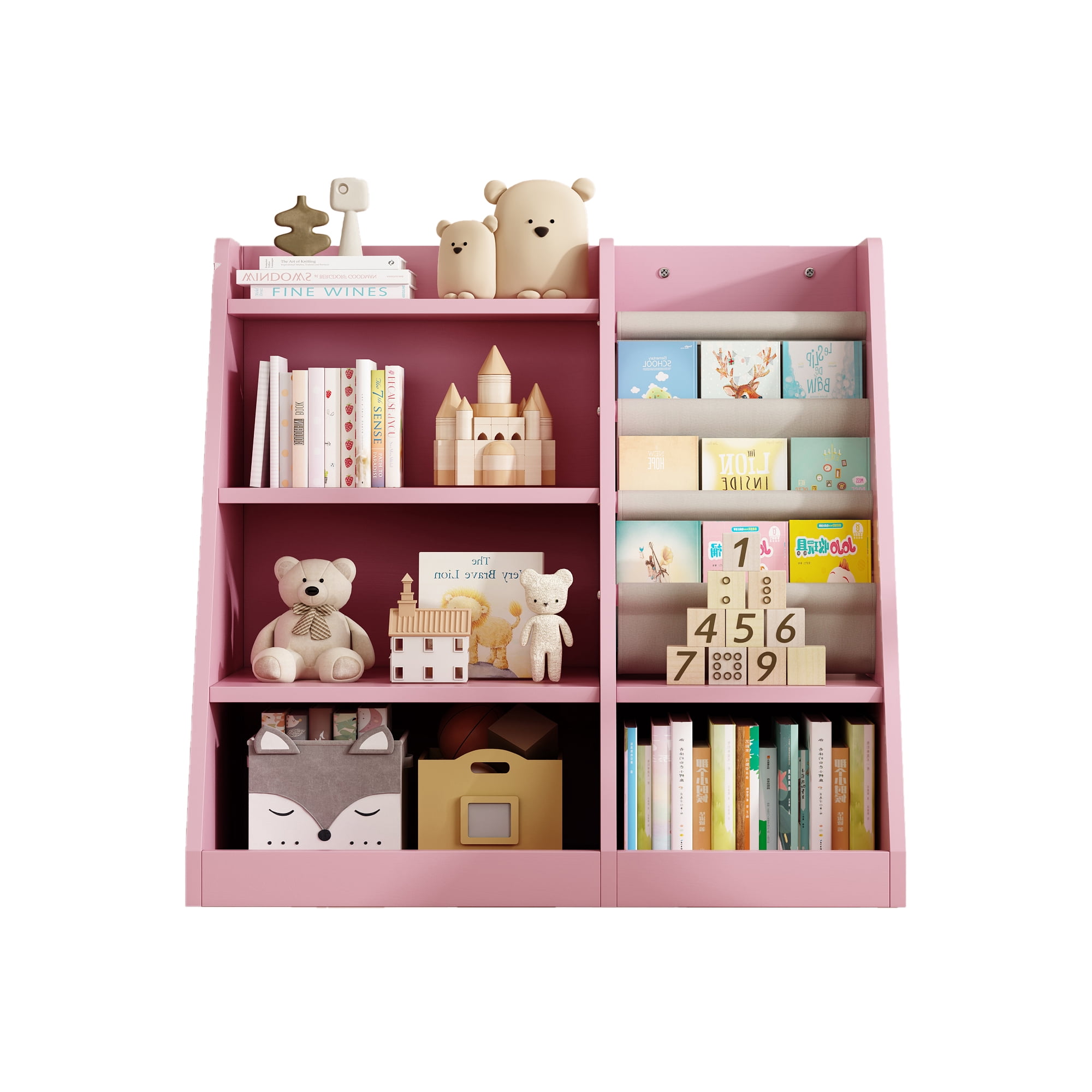 Aukfa Kids Bookshelf and Toy Storage,Wood Storage Organizer for Playroom Bedroom,Pink