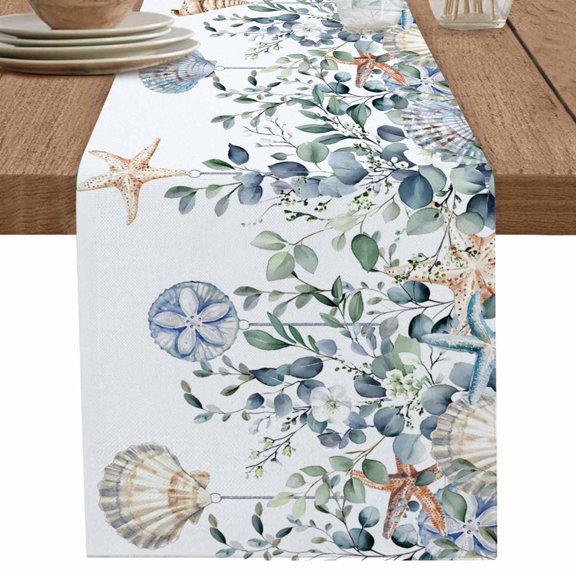 nqOlkjepod Green Teal Eucalyptus Table Runner 108 Inches Long Farmhouse Dress Scarves, Coastal Summer Starfish Dining Tablerunner for Coffee Table/Kitchen Island/Party Décor, 13" x 108"