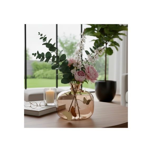 Glass Vase with Butterfly Garland for Living Room Decor - Modern Flower Vase for Bedroom, Office, and Home Decor - Decorative House Accent for Entryway Console Table Styling - 10", Gold
