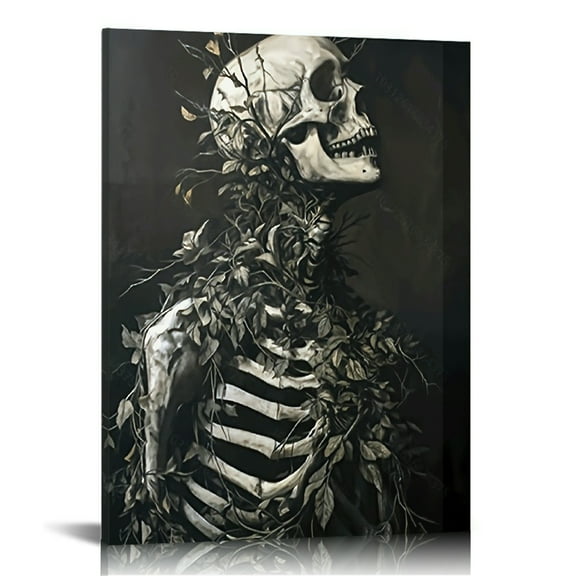 Vintage Halloween skeleton Canvas Wall Art Painting ，Gothic Print Pictures for Home Wall Decor Retro Horror Creepy Dark Posters for Living Room Bedroom Bar Home Halloween Party Decor Framed
