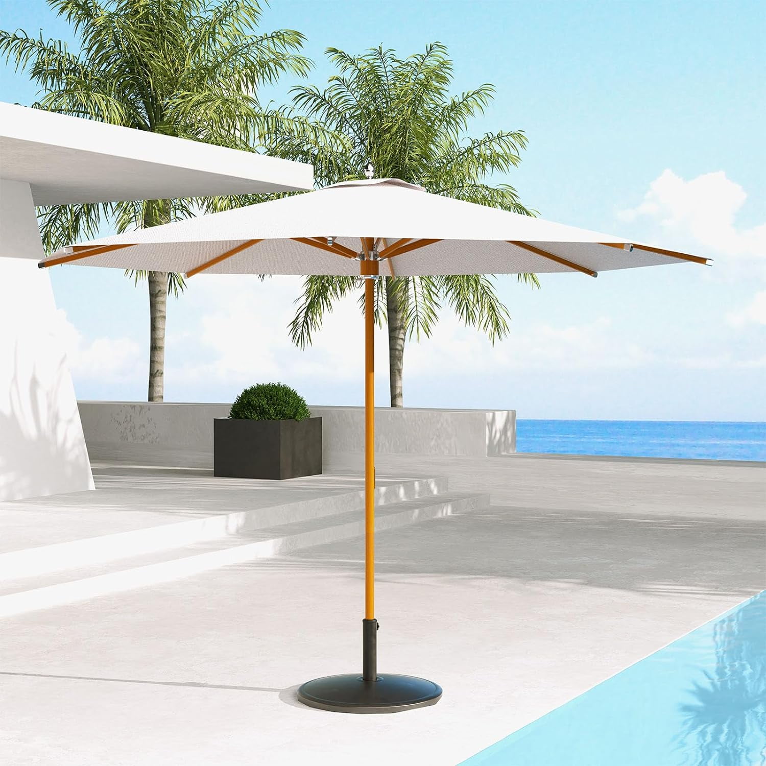 center pole 12ft 12 ft patio umbrella BLUU Solar Cantilever LED Aluminum Offset Umbrella with 15 Strip Lights and light, Recycled Fabric 36 Month Fade Resistance, while the push Grand Patio 12ft Round Tilting
