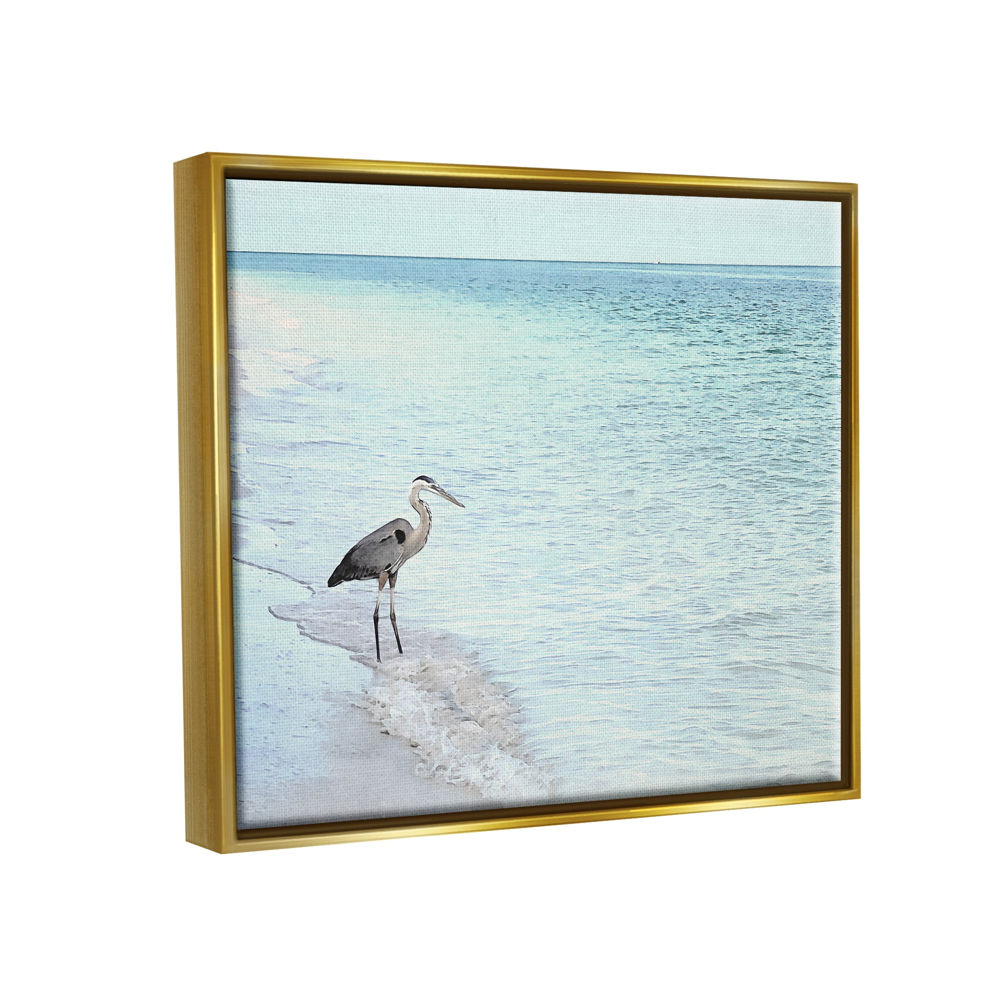 Stupell Industries Heron on Coastline Landscape Photography Gold Floater Framed Canvas Art Print Wall Art, 31 x 25