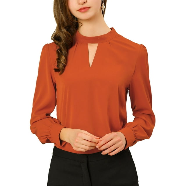 INSPIRE CHIC Women's Keyhole Stand Collar Pleated Back Button Blouse Tops