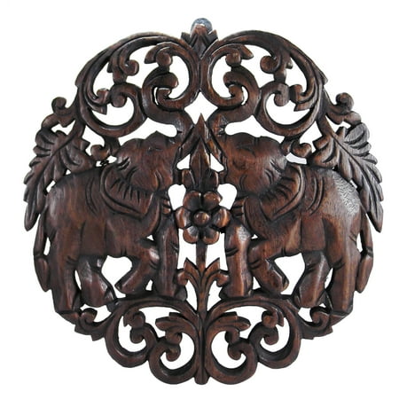 Tribal Art Carving - Elaborate Circular Double Thai Elephant Hand Carved Wood Wall Art