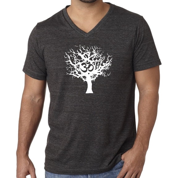 Mens White Tree of Life Yoga V-neck Tee - Charcoal Black, Small