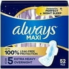 Always Maxi Overnight Pads with Wings for Women, Size 5, Extra Heavy Overnight Absorbency, Unscented, 52 Count, 2 PACK