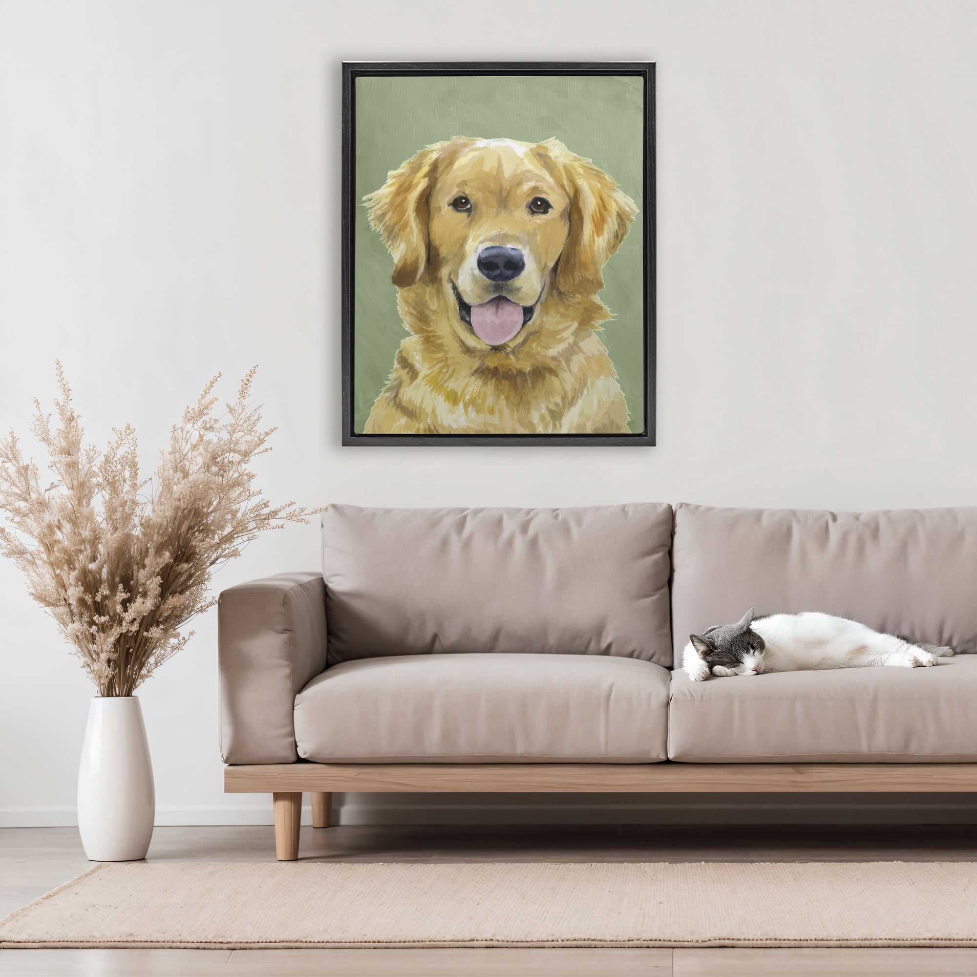 Stupell Industries Smiling Golden Retriever Portrait Black Framed Floater Canvas Wall Art, design by Lil' Rue