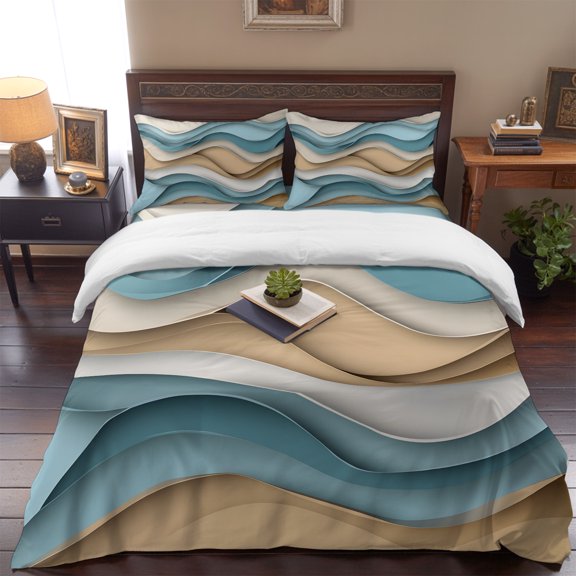 Teal Brown Gradient Water Ripple Queen Size Bed Set,Modern Abstract Wave Art Bedding for All Seasons,4 Pcs Bed Set,1 Quiltcover (90"x90"),1 Sheet (90"x102"),2 Pillowcases (20"x30")