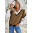 thumbnail image 3 of POGLIP Women's Brown V Neck Contrast Stripes Trims Short Sleeve Sweater, 3 of 6