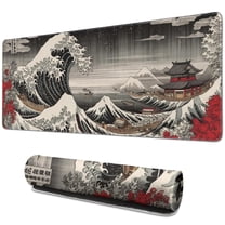 Black and Red Japanese Landscapes Gaming Mouse Mat, Wave Rectangle Large Non-Slip Rubber Gaming Mouse Pad with Stitched Edges, Office Mouse Pad for Women Men Kids, 31.5x11.8in