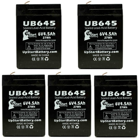 5x Pack - Compatible Lithonia PGX5 Battery - Replacement UB645 Universal Sealed Lead Acid Battery (6V, 4.5Ah, 4500mAh, F1 Terminal, AGM, SLA) - Includes 10 F1 to F2 Terminal Adapters