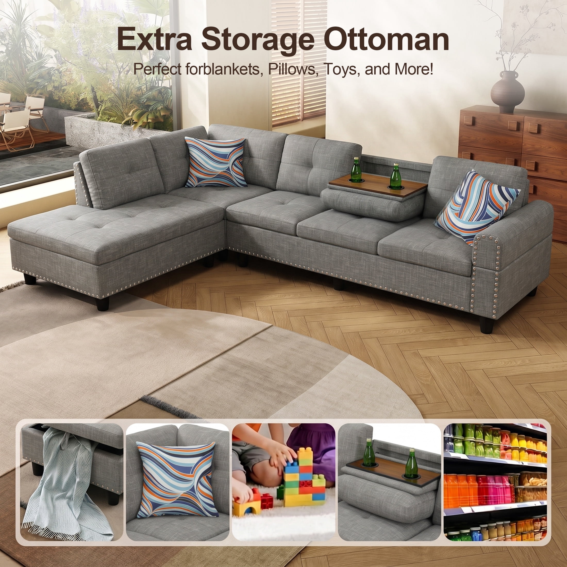 AENKYO 98" L-Shaped Sectional Sofa with Reversible Chaise and Cup Holders, Linen, Gray