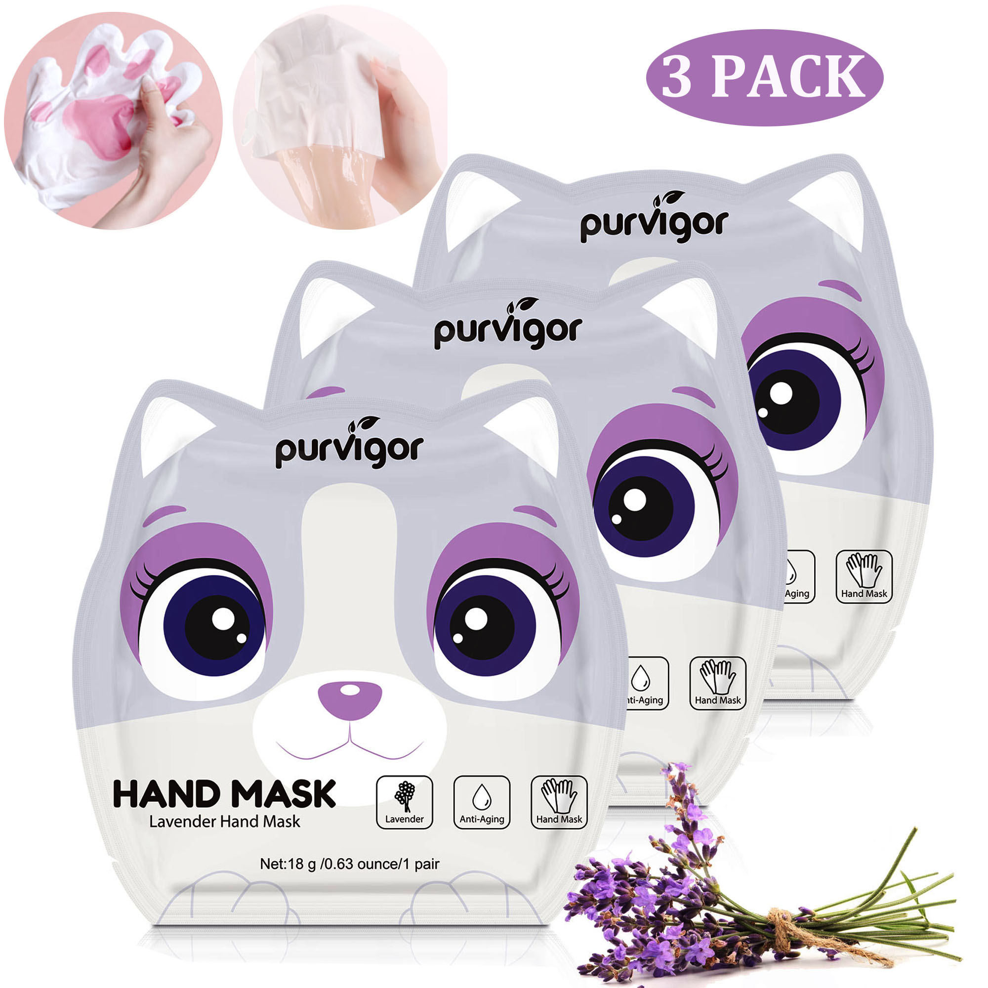 Purvigor Lavender Hand Mask Kitty Moisturizing Glove 3 Pack
