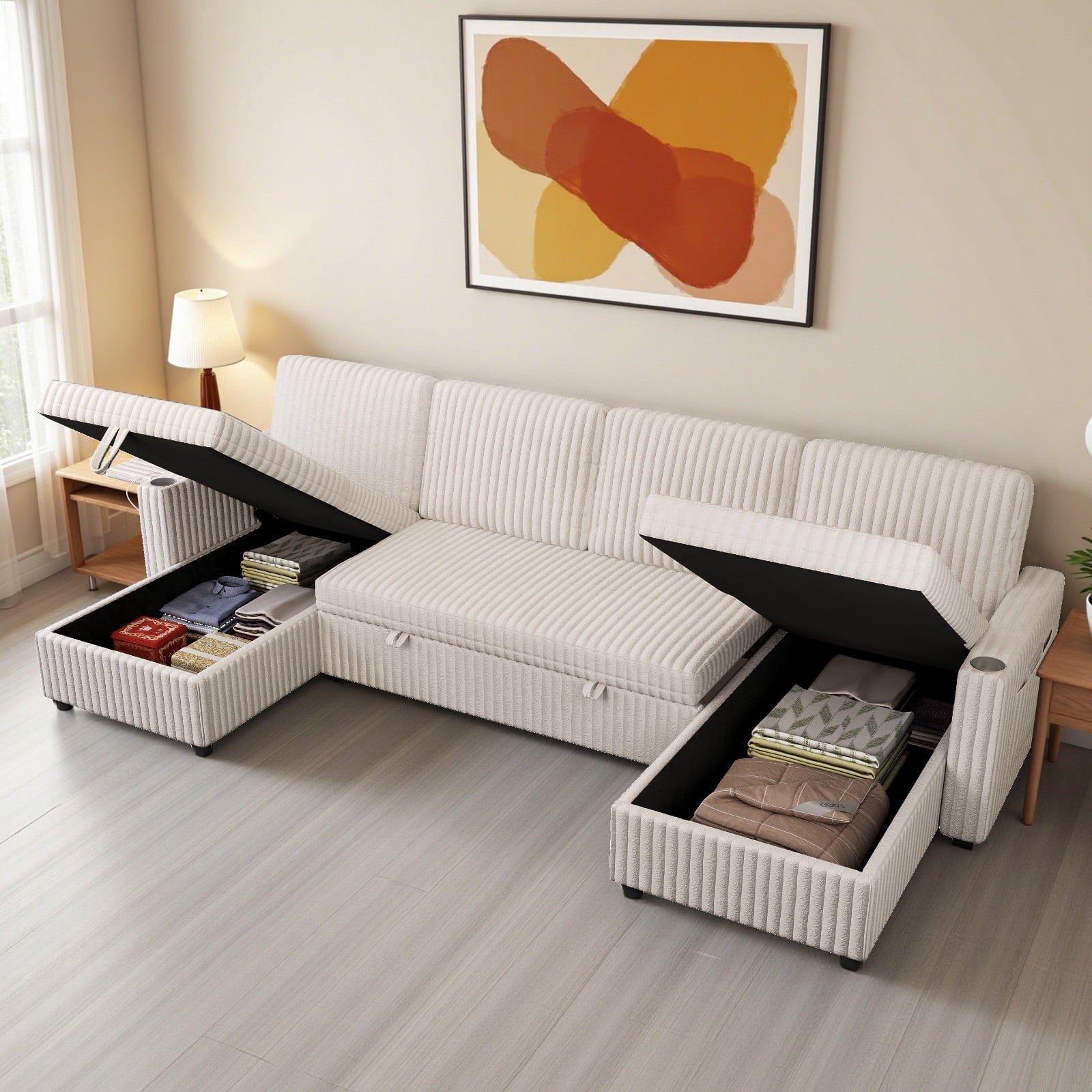 110.6" U-Shaped Convertible Sleeper Sofa Bed with Storage Chaise, Pull Out Sectional Sofa Couch with USB Charging Ports, Cup Holders & Side Pockets, Corduroy Fabric for Living Room, White