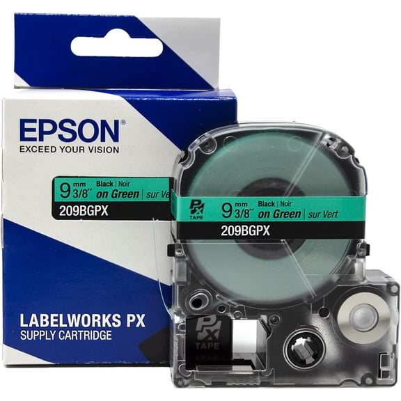 Epson LABELWORKS 209BGPX - Black on Green PET Label Maker Tape - 3/8" (9MM) Wide, 30'