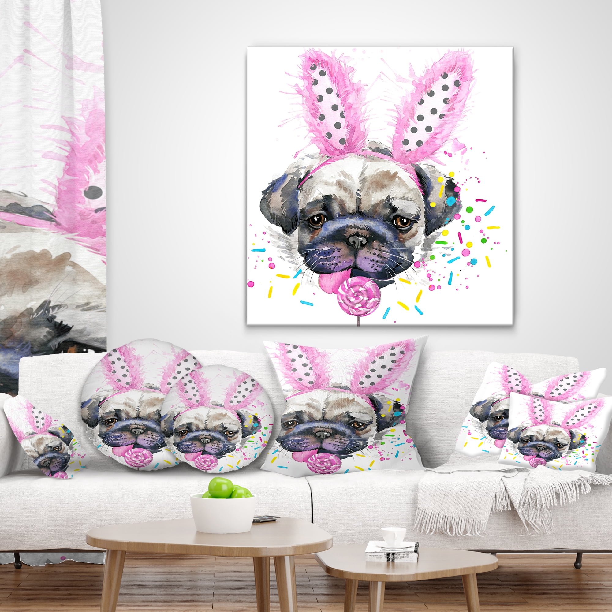 Designart Cute Dog with Pink Feather Hat - Contemporary Animal Throw Pillow - 16x16