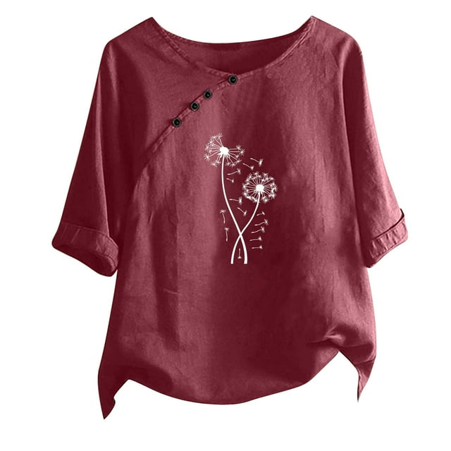 Blusas de Manga Corta para las Mujeres Impreso Cuello Redondo Camiseta, Top de Algodón de Imitación Casual para el Hogar Y Diario