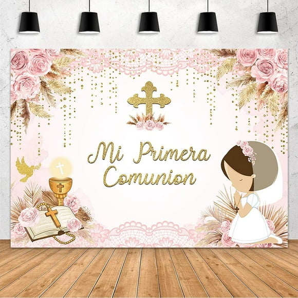 7x5ft Boho Baptism Backdrop for Girl Mi Primera Comunion Christening Photography Background God Bless First