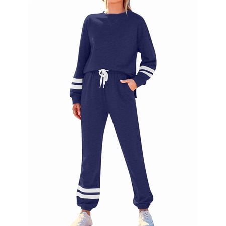 Osfvolr Women S 2 Piece Loungewear Fall Casual Long Sleeve Tops Jogger Pants Pajama Sets Clothing Dark Blue XL