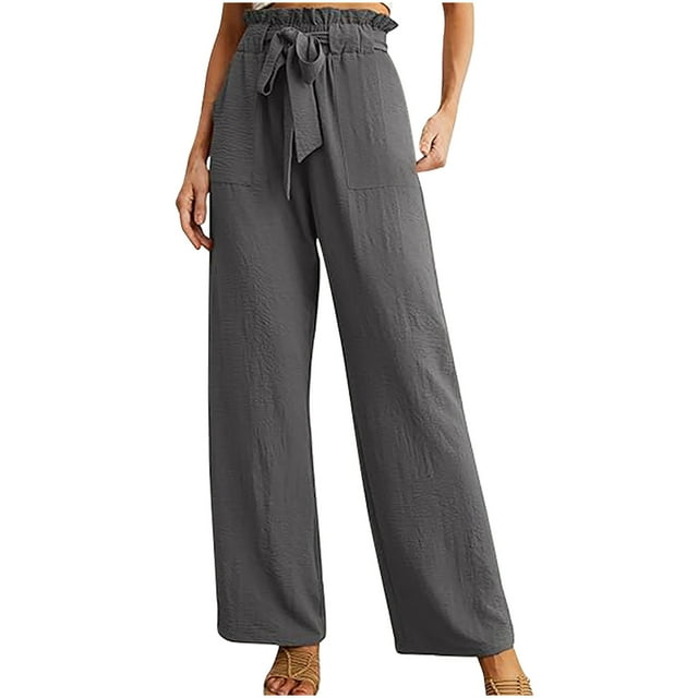 Timegard Pants For Women Straight Flower Bud Waist Strap Pants Wide Leg Elastic Drawstring Casual Trousers with Pockets