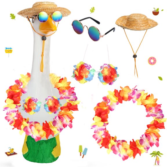 Darzheoy Summer Goose Outfits for Plastic Goose 23/17'' Lawn Patio Statue Clothes Sunglasses Straw Hat and Hawaiian Lei Costume Holiday Decoration Set