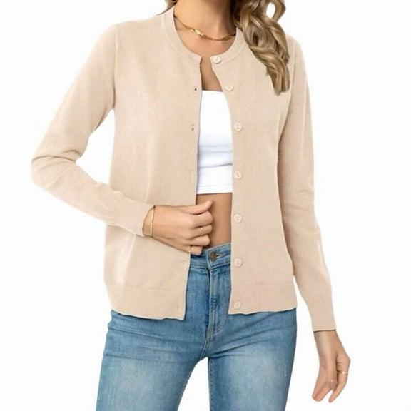 Women'S Long Sleeve Button Down Crew Neck Classic Sweater Knit Cardigan  S