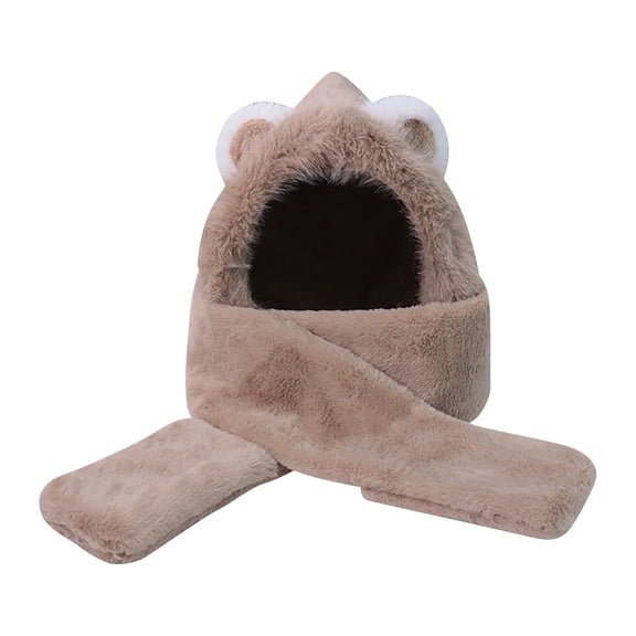 Xfvqtps Womens Hooded Scarf Hat Cute Bear Ears Fleece Solid Color Fluffy Furry Windproof Coldproof Versatile Warm Winter Hat Scarf Set Khaki