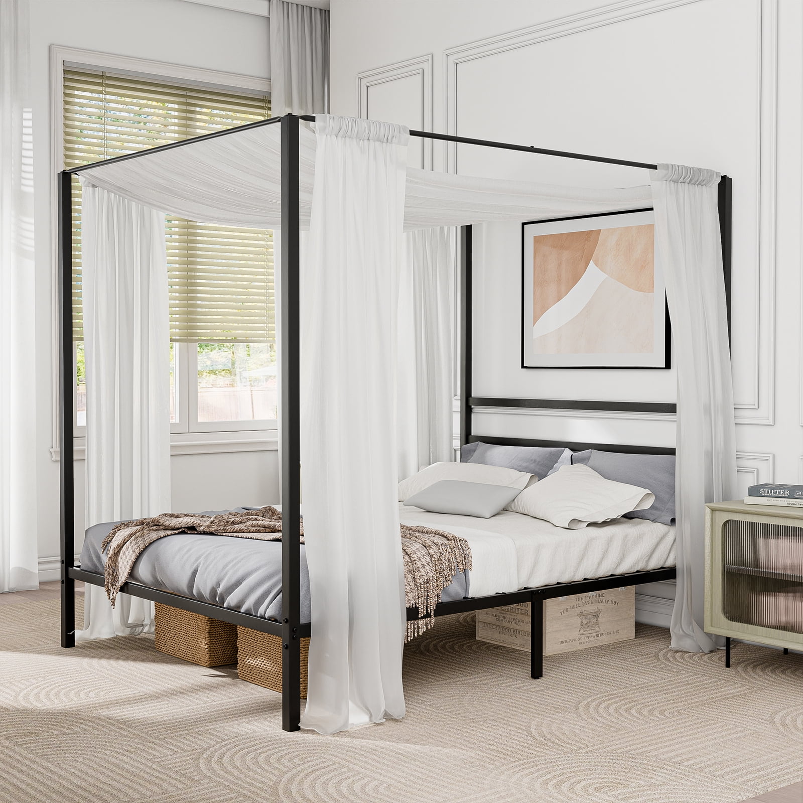 LINJH Queen Size Metal Canopy Bed Frame Black Headboard & Footboard for Bedroom Black